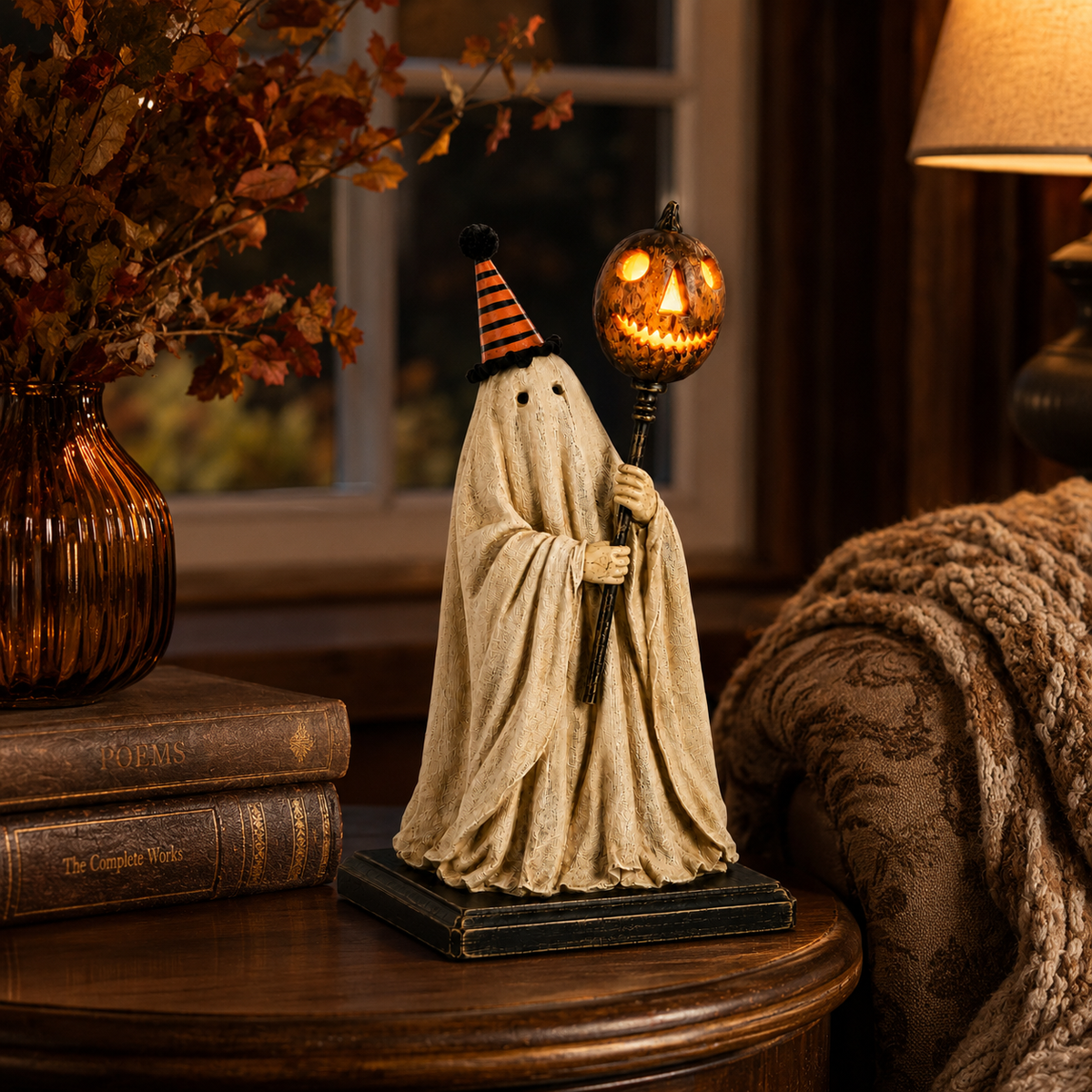 Lighted Vintage Ghost Figurine with Glowing Pumpkin Staff