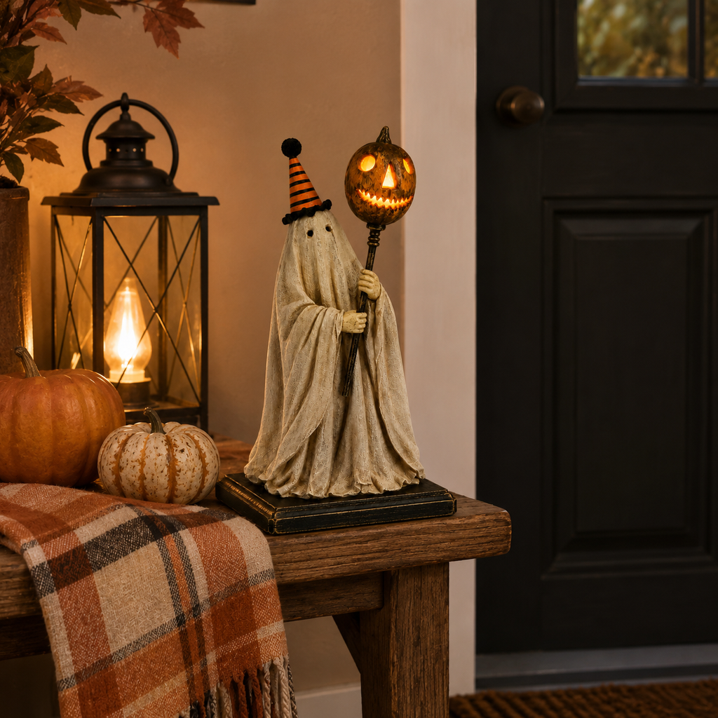 Lighted Vintage Ghost Figurine with Glowing Pumpkin Staff