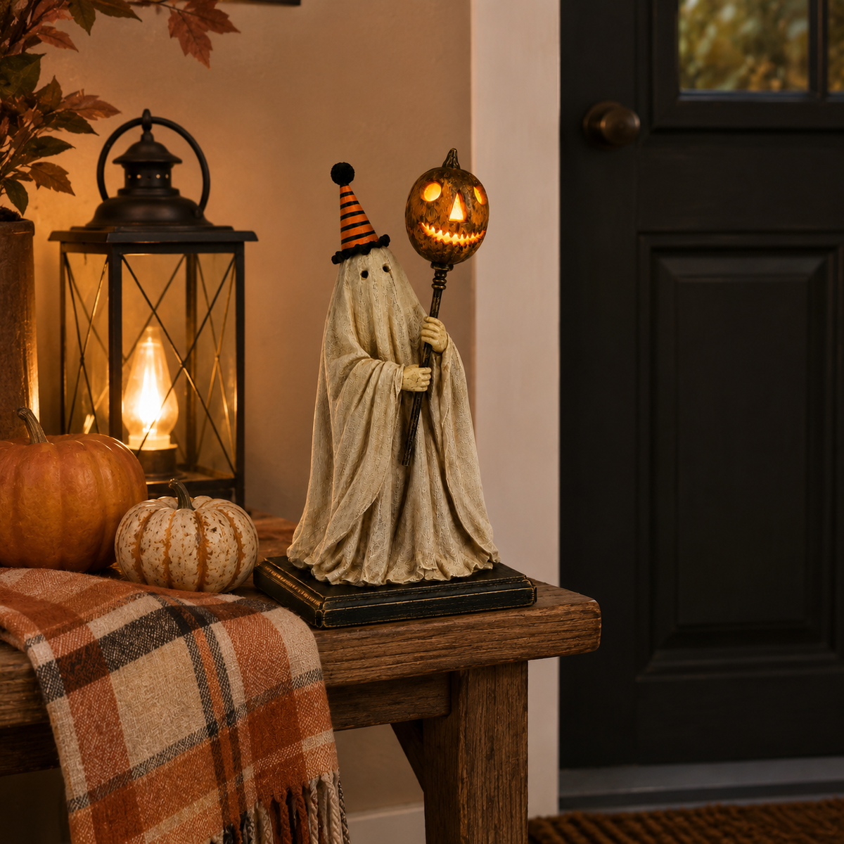 Lighted Vintage Ghost Figurine with Glowing Pumpkin Staff