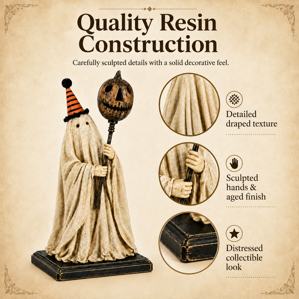 Lighted Vintage Ghost Figurine with Glowing Pumpkin Staff