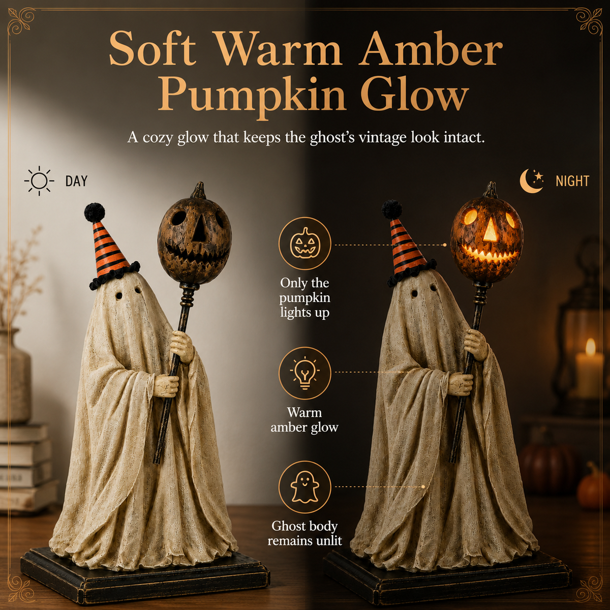 Lighted Vintage Ghost Figurine with Glowing Pumpkin Staff