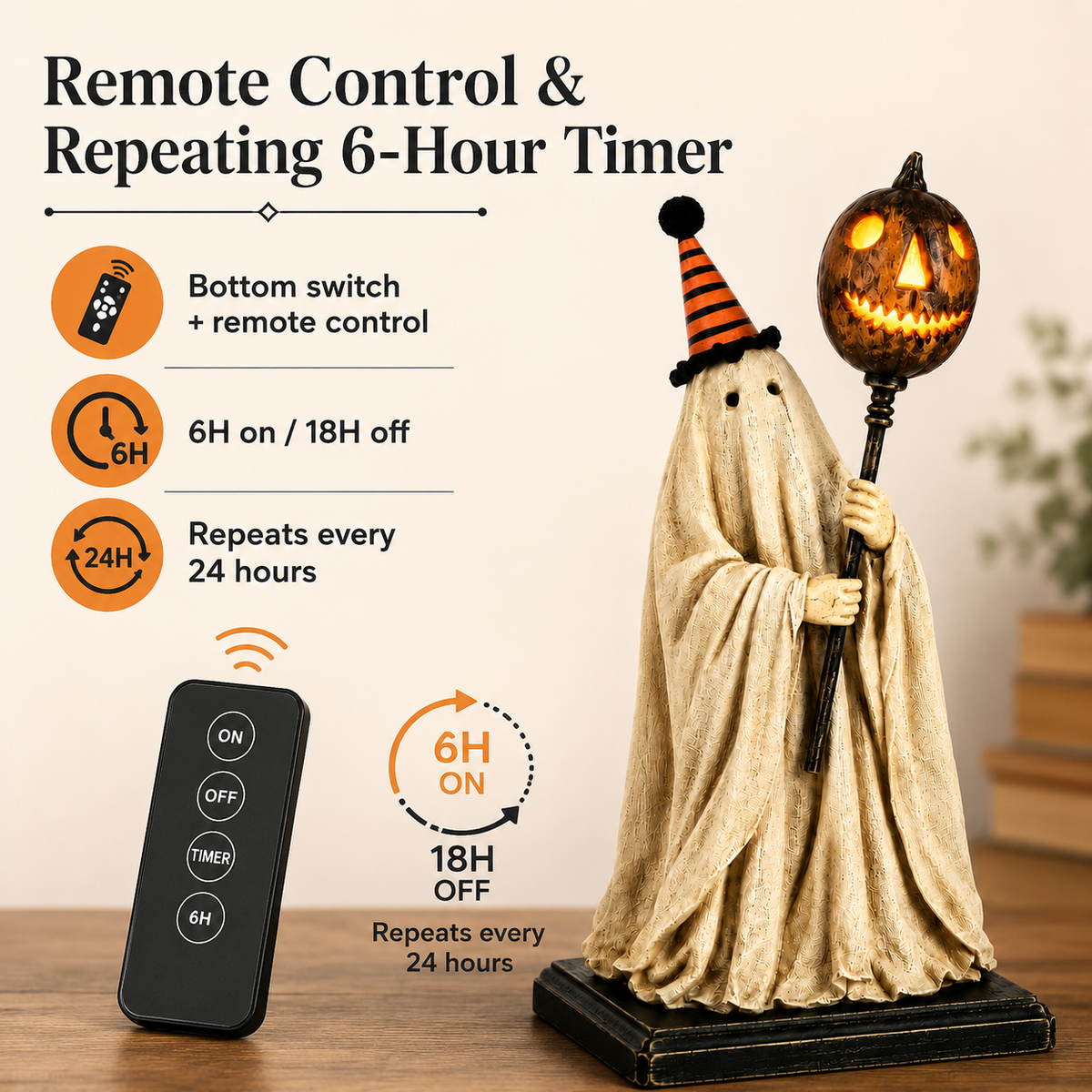 Lighted Vintage Ghost Figurine with Glowing Pumpkin Staff