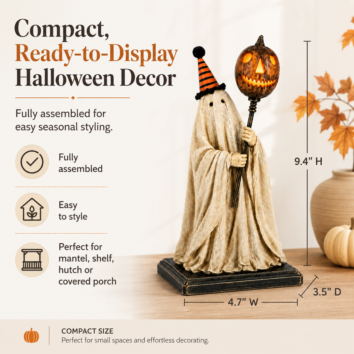 Lighted Vintage Ghost Figurine with Glowing Pumpkin Staff