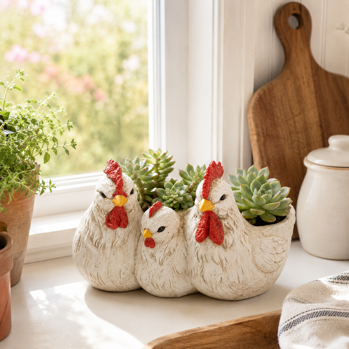 Vintage White Chicken Family Resin Flower Pot