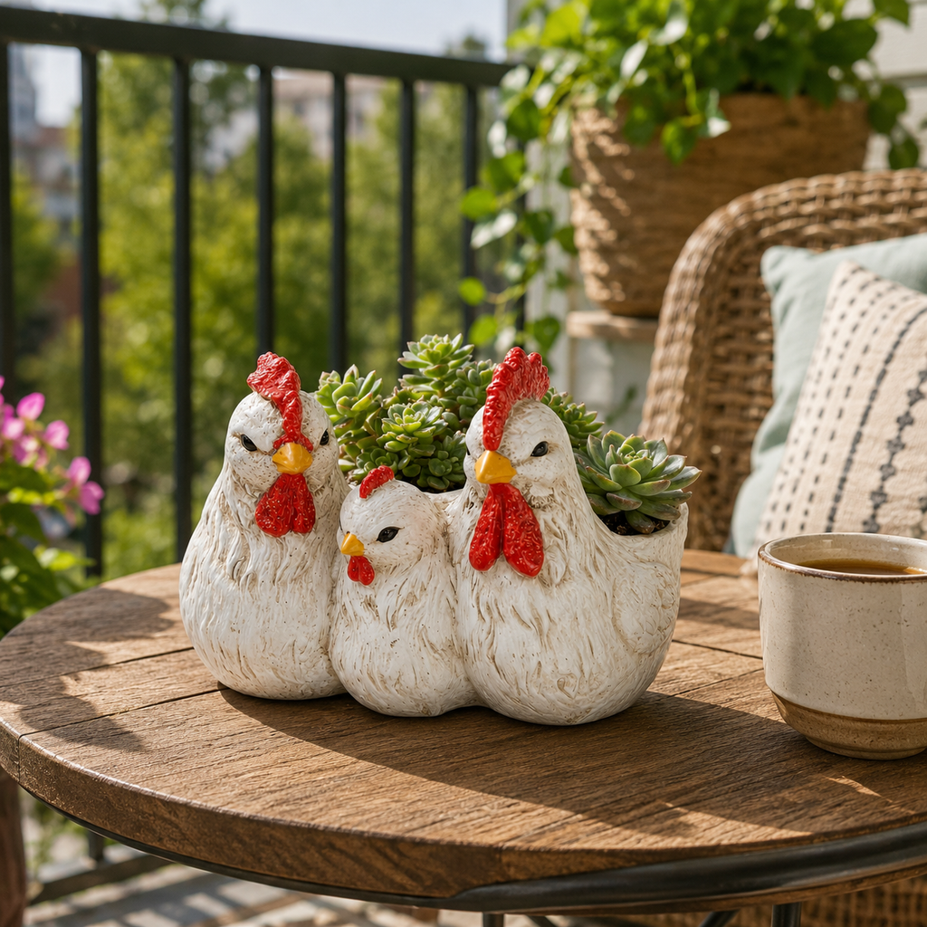 Vintage White Chicken Family Resin Flower Pot