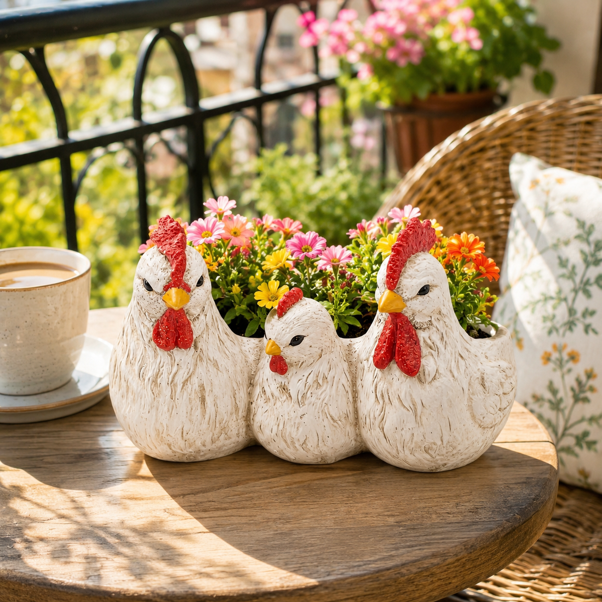 Vintage White Chicken Family Resin Flower Pot