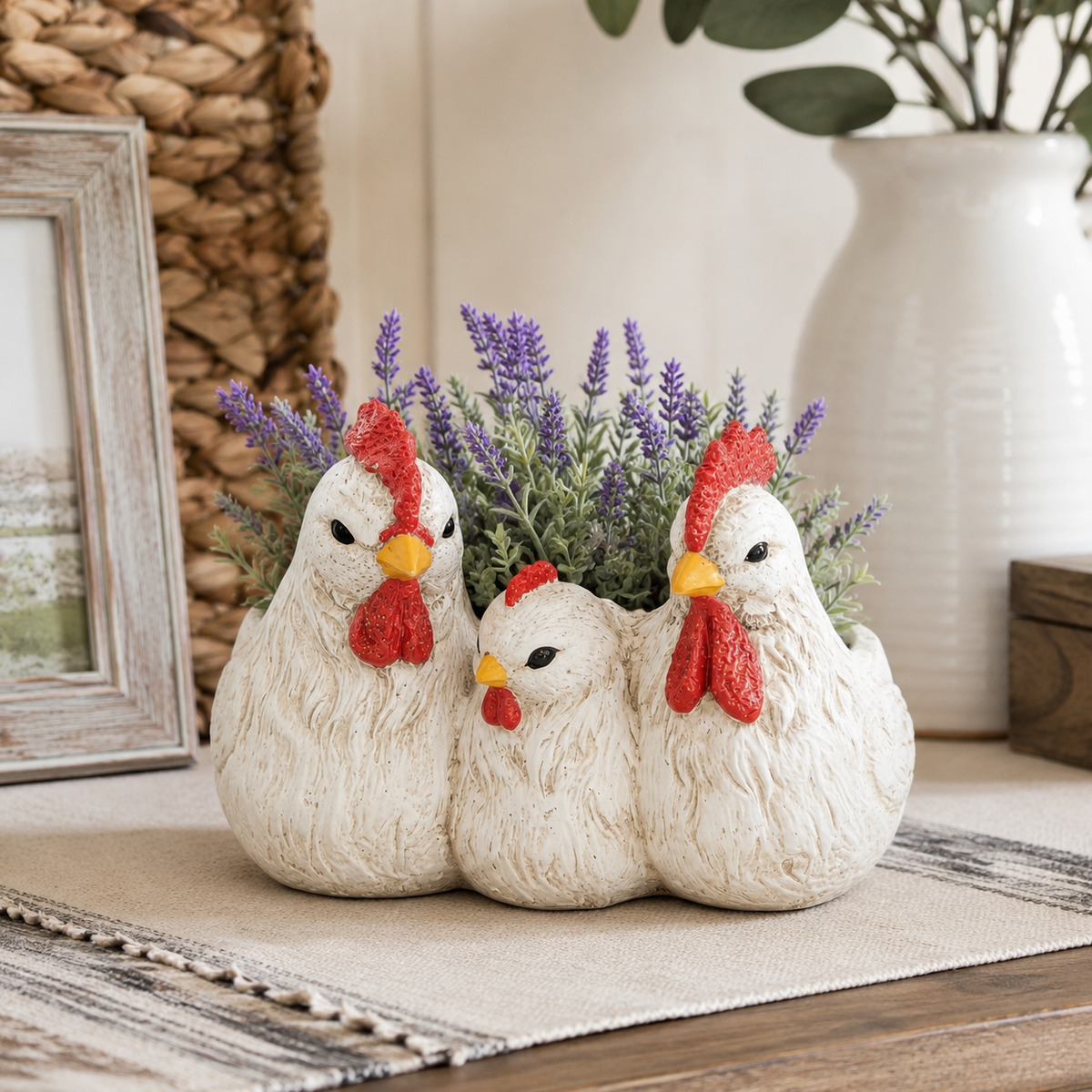 Vintage White Chicken Family Resin Flower Pot