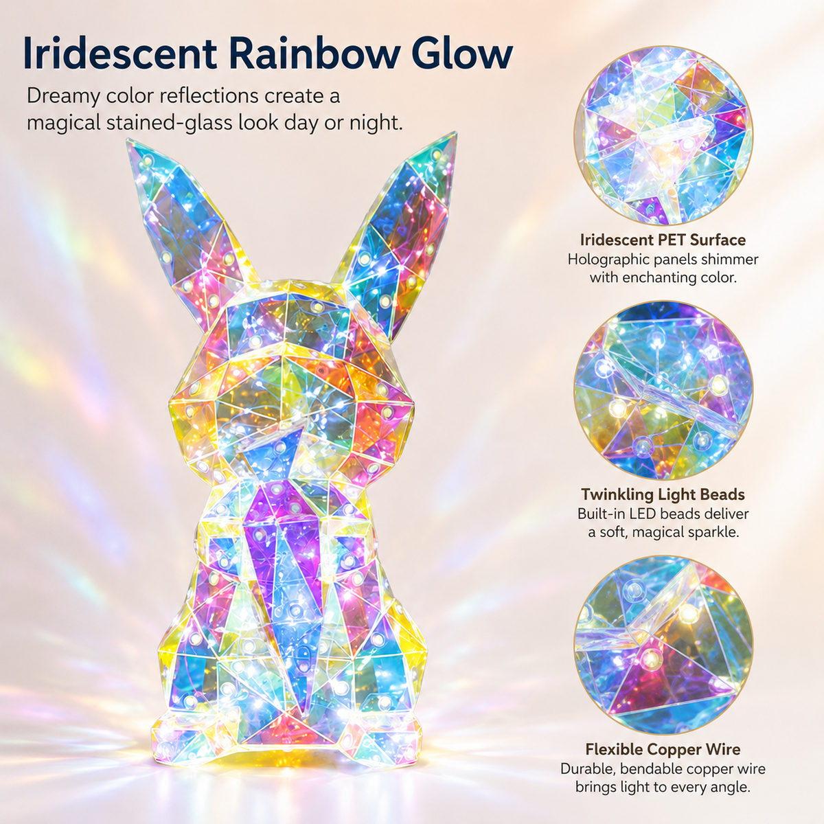 Colorful Fantasy Bunny LED Light Ornament – Iridescent Long-Ear Rabbit Decorative Lamp