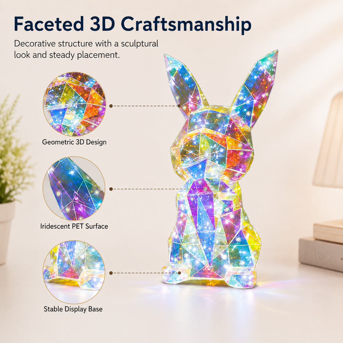 Colorful Fantasy Bunny LED Light Ornament – Iridescent Long-Ear Rabbit Decorative Lamp