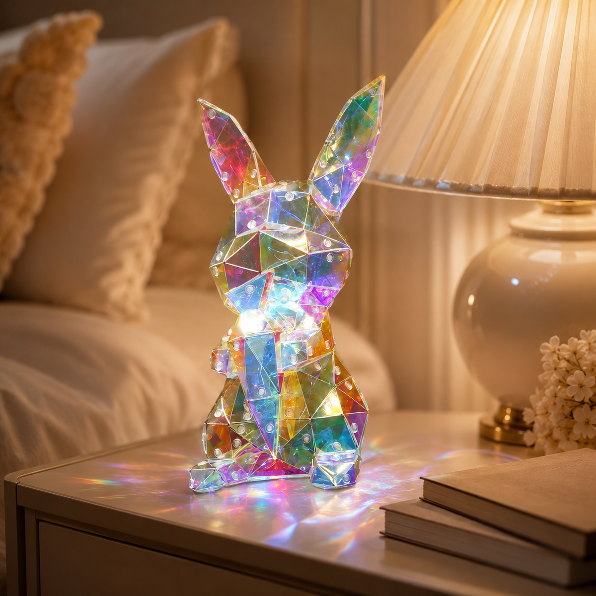 Colorful Fantasy Bunny LED Light Ornament – Iridescent Long-Ear Rabbit Decorative Lamp