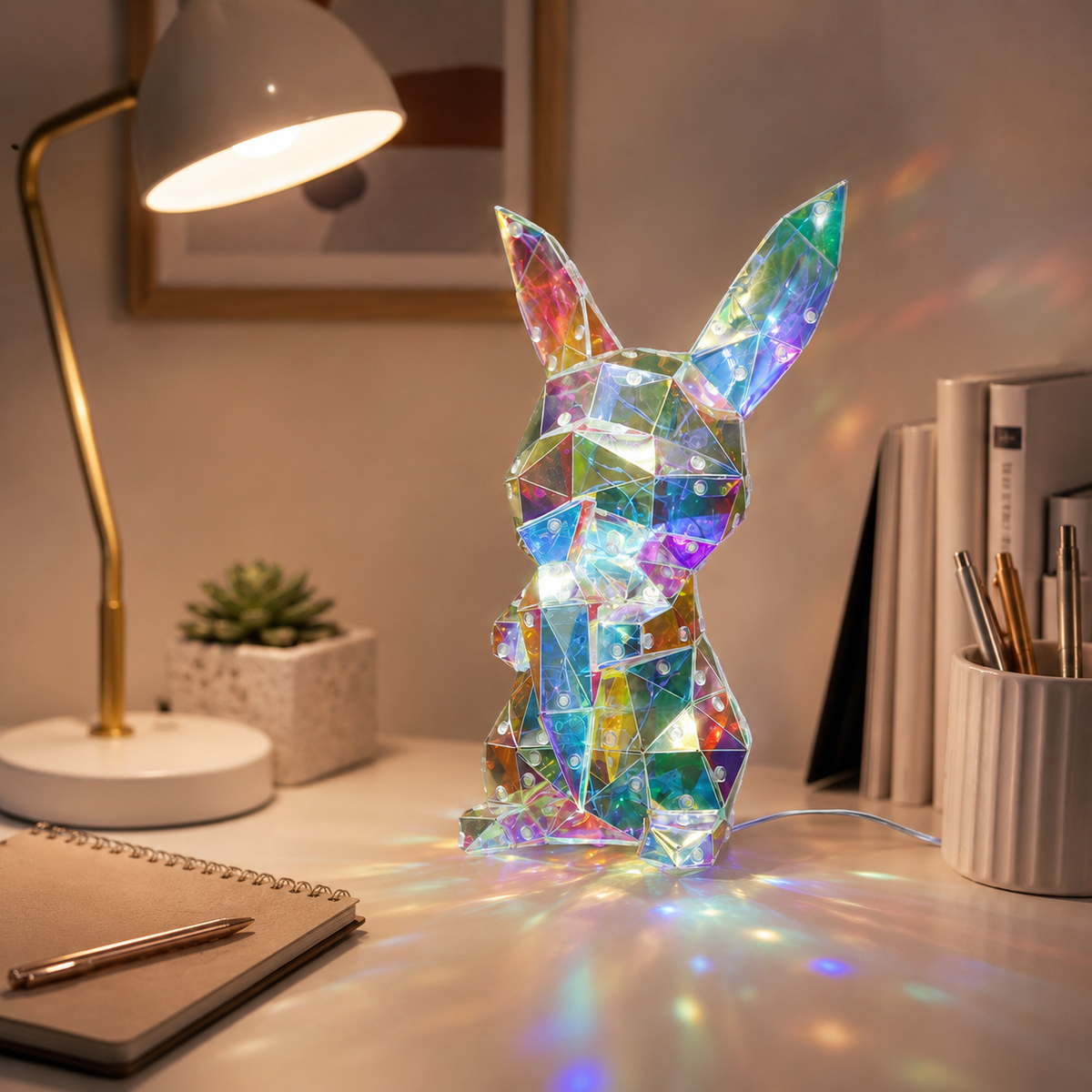 Colorful Fantasy Bunny LED Light Ornament – Iridescent Long-Ear Rabbit Decorative Lamp